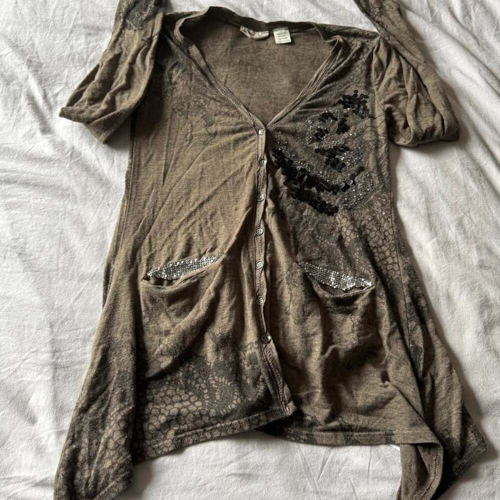 Miss Me Sequin Embellished Cardigan Brown Y2K Boho